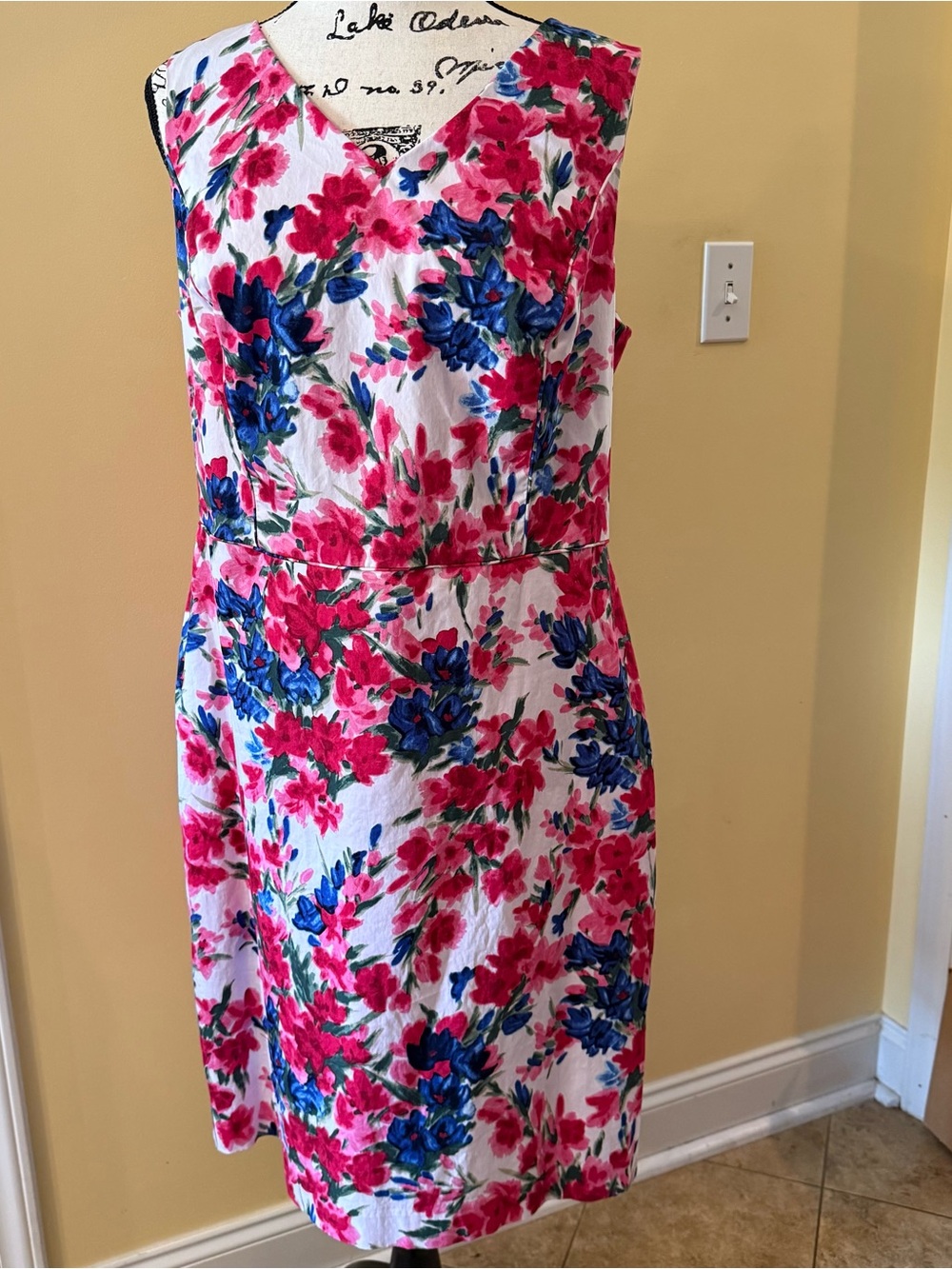 Talbots Sleeveless White Floral Sheath Dress with Pink & Blue Blooms, 16